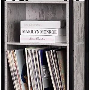 Record Player Stand, 2-Tier Vinyl Record Storage Cabinet with Metal Frame, Cube Vinyl Holder Organizer, Turntable Stand, Record Table with Handle for Living Room, Bedroom, Office- Retro Grey