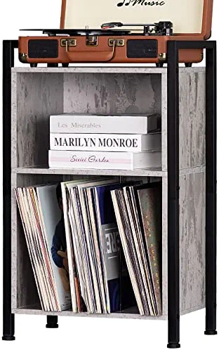 Record Player Stand, 2-Tier Vinyl Record Storage Cabinet with Metal Frame, Cube Vinyl Holder Organizer, Turntable Stand, Record Table with Handle for Living Room, Bedroom, Office- Retro Grey