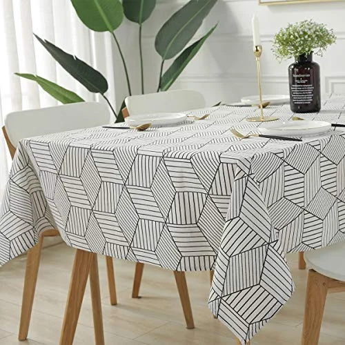 Rectangle Tablecloth Geometric Style Cotton Linen Table Cloth Dust-Proof Table Cover for Kitchen Dinning Tabletop Decoration (Rectangle/Oblong, 52" x 90" (6-8 Seats), White)