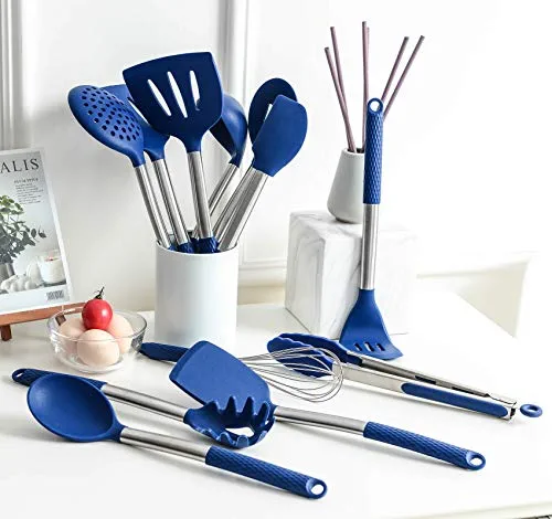 Rorence Silicone Cooking Utensil Kitchen Utensil Set: 12 Pieces Kitchen Gadgets for Baking Mixing Non-Stick & Heat Resistance Silicon and Stainless Steel Handles (Utensil Holder Not Included) - Blue