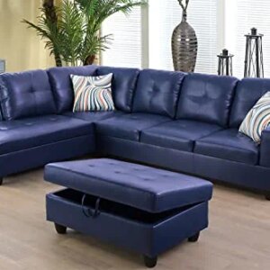 SIENWIEY Sectional Sofa Set, L-Shape Faux Leather Couch Living Room Sofa Set with Chaise, Storage Ottoman Using for Living Room Furniture(Left Chaise,Blue)