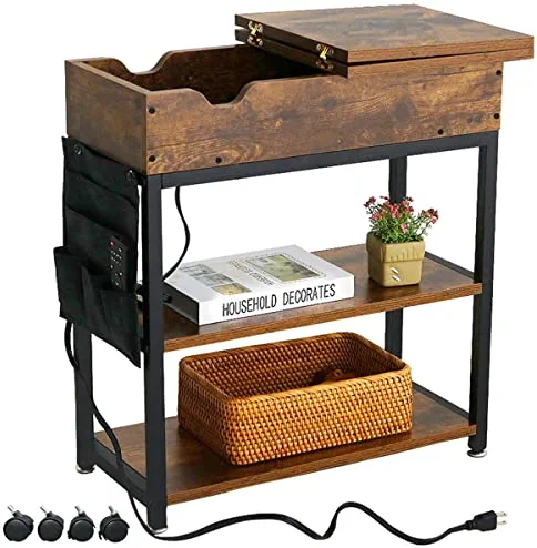 SJIE End Table with Charging Station, Flip Top Side Table with USB Ports and Outlets, Bedside Nightstands with Storage Shelf, Fabric Bag for Small Spaces,Living Room,Bedroom,Rustic Brown