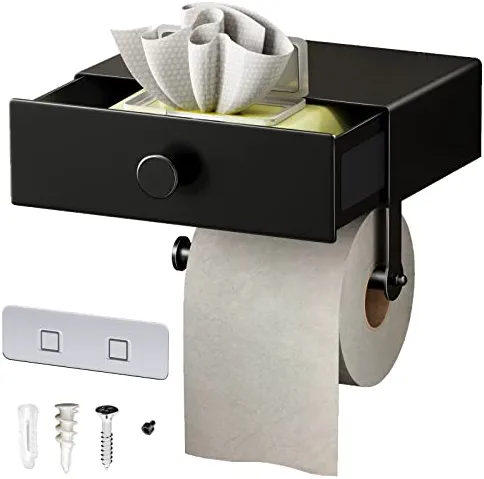 SOFINNY Toilet Paper Holder with Shelf Black Wipes Dispenser Adhesive Toilet Paper Holder with Storage Upgrade Drawer Design Toilet Tissue Holder Small Bathroom Shelf Wall Mount