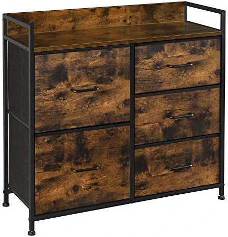 SONGMICS Drawer Dresser, Chest of Drawers, Closet Storage Dresser, 5 Fabric Drawers and Metal Frame with Handles, Rustic Brown and Black ULTS105B01