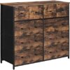 SONGMICS Industrial Wide Dresser, 10-Drawer Storage Tower, Metal Frame, Wooden Top and Front, Rustic Brown + Black