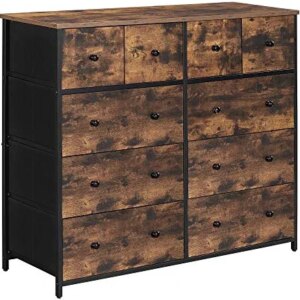 SONGMICS Industrial Wide Dresser, 10-Drawer Storage Tower, Metal Frame, Wooden Top and Front, Rustic Brown + Black