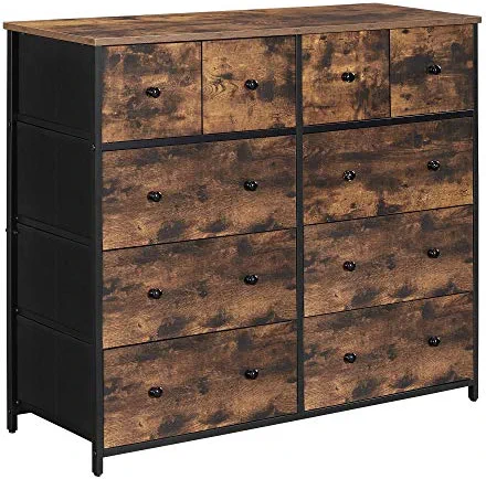 SONGMICS Industrial Wide Dresser, 10-Drawer Storage Tower, Metal Frame, Wooden Top and Front, Rustic Brown + Black