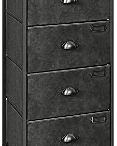 SONGMICS Vertical Dresser Tower, Fabric Drawer Dresser with 4 Drawers, Labels, Wooden Top, Metal Frame, Industrial Closet Storage, for Living Room, Hallway, Nursery, Rustic Brown and Black ULVT04H