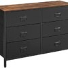 SONGMICS Vertical Wide Dresser Storage Tower, Dresser with 6 Drawers, Storage Tower Unit, Steel Frame, Wooden Top, Retro Organizer Unit for Bedroom Entryway Closet, Rustic Brown and Black ULTS223B01