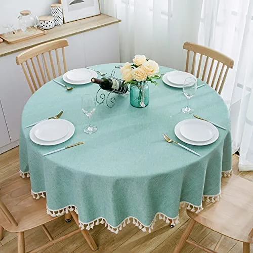 SPRICA Round Tablecloth, Cotton Linen Tassel Table Cover for Kitchen Dinner Table, Decorative Solid Color Table Desk Cover, Suit for Round 20-44" Table, with Tassel Diameter 60inch/150cm, Light Green