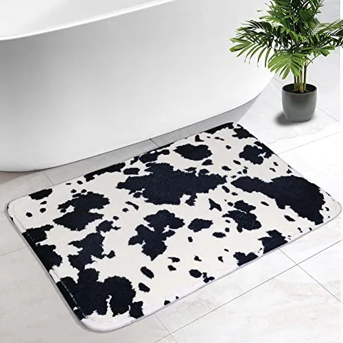 SUPER PANDA Black Cow Print Bathroom Rug Farmhouse Bathroom Rug Runner Rug Non Slip Small Bath Mat for Tub, Shower, and Bath Room 16 x 24 inch