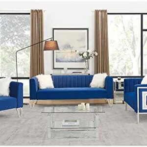 SZUBEE 3+2+1 Piece Modern Velvet Living Room Furniture Set, 3-Seater, Loveseat and Sofa Chair with Stainless Steel Legs for Home and Office, 6 White Villose Pillow, Blue