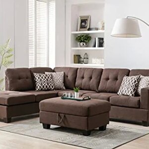 SZUBEE L-Shape Reversible Sectional Sofa Living Room Furniture Set with Storage Ottoman,2 Outlets & USB Ports, Cup Holders Design & 4 Pillows for Home Office, Brown