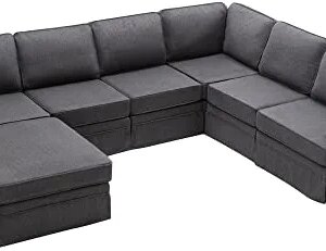 SZUBEE L/U-Shaped Fabric Linen Sofa Set, Living Room Furniture Sectional Couch with Reversible Ottoman for Home Office Small Space Appartment, Dark Gray