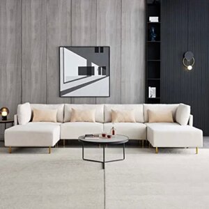 SZUBEE Modern U-Shape Reversible Sectional Sofa Linen Couch Set with Removable Chaise Lounge Ottoman 4 Pillows for Living Room, Beige