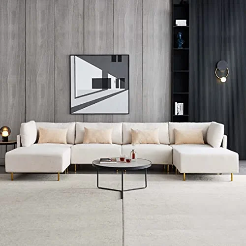 SZUBEE Modern U-Shape Reversible Sectional Sofa Linen Couch Set with Removable Chaise Lounge Ottoman 4 Pillows for Living Room, Beige