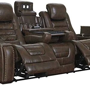 Signature Design by Ashley Game Zone Faux Leather Adjustable Power Reclining Sofa with Cup Holders and Storage, Brown