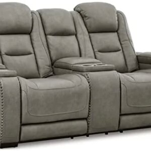 Signature Design by Ashley The Man-Den Leather Power Reclining Loveseat with Center Console, Adjustable Headrest & Wireless Charging, Gray