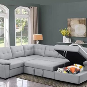 Sleeper Couch Sectional Sofa Living Room Furniture Set with Pull Out Sofa Bed & Storage Chaise U Shape Fabric Couches Sofa Sectional Set Grey, 6 Seater Couch