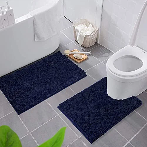 Smiry Bathroom Rugs and Mats Set, 2 Piece Chenille Bath Mat and U-Shaped Toilet Rug Set, Non Slip Absorbent Shaggy Bath Rug for Tub, Shower and Bath Room (20" x 32"+20" x 24", Navy Blue)