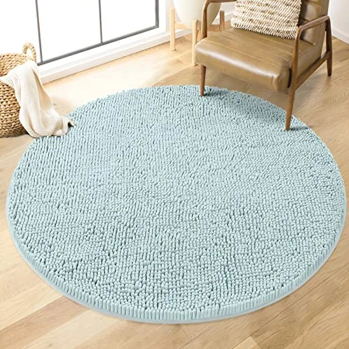 Soft Plush Chenille Round Bathroom and Area Rug, Absorbent Microfiber Bath Mat, Machine Washable, Non-Slip Grip, Quick-Dry, Great for Bath, Shower, Bedroom, Dog or Door Mat (Spa Blue, 3x3 Foot)