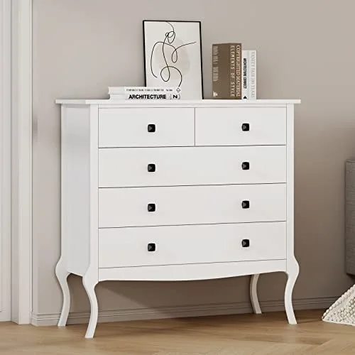 SogesGame White Dresser Chest of Drawers with Curved Legs Modern Storage Dresser Cabinet with 5 Drawers for Bedroom, Closet, Living Room, Nursery