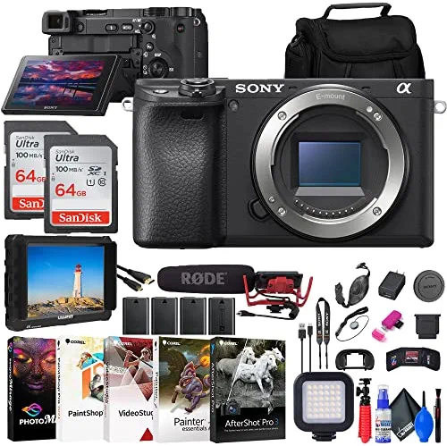 Sony a6400 Mirrorless Camera (ILCE-6400/B) + 4K Monitor + Rode VideoMic + 2 x 64GB Card + 3 x NPF-W50 Battery + Card Reader + LED Light + Corel Photo Software + HDMI Cable + Case + More