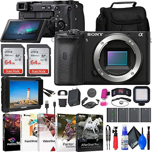 Sony a6600 Mirrorless Camera (ILCE6600/B) + 4K Monitor + Rode VideoMic + 3 x NP-FZ100 Compatible Battery + 2 x 64GB Card + Card Reader + LED Light + Corel Photo Software + HDMI Cable + Case + More