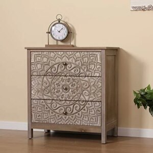 Sophia & William 3-Drawer Dresser, Accent Storage Cabinet with 3 Drawers, Distressed Chest of Drawers with Embossed Medallion for Entryway Living Room Bedroom