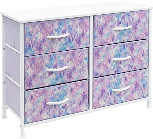 Sorbus Dresser with 6 Drawers - Furniture Storage Chest for Bedroom Tower Unit Furniture, Hallway, Closet, Office Organization - Steel Frame, Wood Top, Tie-dye Fabric Bins (6-Drawer, Blue/Pink/Purple)