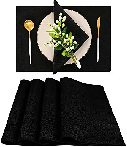 Spring Garden Home Black Linen Placemats for Dining Table Rustic Washable Stain Resistant Faux Linen Kitchen Table Mats, Set of 4, 13x19 inch