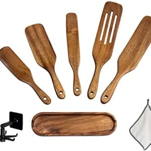 Spurtle Set - 6Pcs Wooden Spurtle Set Spatula Set - Wooden Spoons for Cooking - Spurtles Kitchen Tools As Seen On TV - for Cooking, Stirring, Mixing - With Stand and Cooking Towel