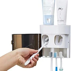 StAider Wall-Mounted Toothbrush Holder-Electric Toothbrush Holder with Two Toothpaste squeezers and Toothbrush Storage Box. Automatic Toothpaste Dispenser with dust Cover, Suitable for Bathroom