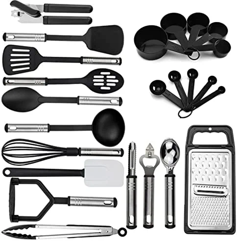 Stainless Steel Kitchen Utensil Set - 24 Pcs Non-Stick and Heat Resistant Cooking Utensils Set, Kitchen Tools, Useful Pots and Pans Accessories and Kitchen Gadgets (Black)