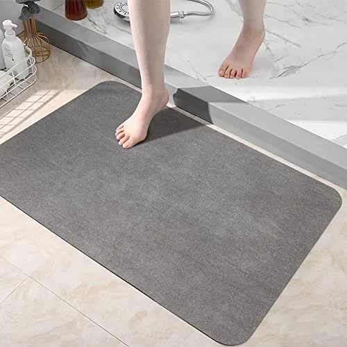 Stiio Diatomaceous Earth Bath Mat, 17”X29 Non-Slip Waterproof Ultra Absorbent Dries Quickly Bathroom Rugs Thin Fit Under Door Mats for Kitchen/Living Room Sink Bathtub Plush Velvet Topside Grey