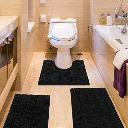 Striped Black Bathroom Rug Set 3 Pieces Ultra Soft, Non Slip Chenille Bath Carpet, Absorbent Plush Shaggy Bath Mats for Bathroom, Toilet, Bedroom, Kitchen