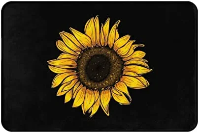 Sunflower Bathroom Rug Bath Decor Accessories, Black and Yellow Flower Floral Sunflower Bath Mat, Non Slip Soft Flannel Bath Rug Entryway Doormat for Living Room Bedroom Kitchen Home 16 X 24 in -Small