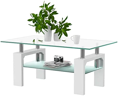 SunsGrove Rectangle Glass Coffee Table Tea Table Modern 2-Tier Center Table with Tempered Glass and Metal Tube Legs for Living Room (White)