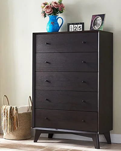 T4TREAM 5 Drawer Dresser for Bedroom, Mid-Centry Modern Dresser Tall 5 Chest of Drawers,Wood Storage Organizer Dresser,Nursery Dresser,for Living Room, Hallway, Bedroom, Kids Bedroom, Espresso