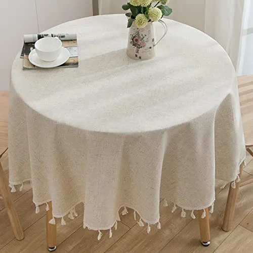 TACYKIBD Round Tablecloth 60 Inch, Cotton Linen Table Cloths with Tassel, Boho Table Cover for Kitchen Dining Room Tabletop Decorations Farmhouse Coffee Picnics, Suit for Round 30-48" Table, Beige