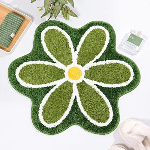 TRUEDAYS Green Flower Bath Mat for Bathroom Floor, Anti Slip Machine Washable Bath Rug, Ultra Soft and Fluffy Bathroom Rug, Fun Decorative Small Bathroom Mat