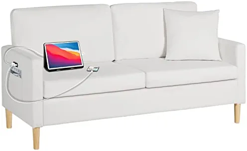 TYBOATLE 66" W Faux Leather Loveseat Sofa w/ 2 USB Charging Ports and Pillow, Mid-Century Modern Couch Love Seats, Living Room Accent Sofas Couches for Small Spaces, Apartment, Bedroom, Dorm (White)
