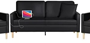 TYBOATLE Modern Faux Leather Living Room Furniture Sectional Sofa Sets 3 Pieces, Loveseat Couch w/ 2 USB Charging Ports and Comfy Accent Arm Chairs for Small Space, Apartment, Office, Studio (Black)