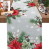 Table Runners, Christmas Poinsettia Flower Pine Cones Eucalyptus Leaf Winter Snowflake Gray Dresser Scarf Cotton Linen Table Runner for Kitchen Dinner Table, Christmas Day Table Decoration 13x70 Inch