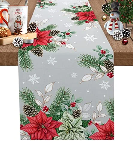 Table Runners, Christmas Poinsettia Flower Pine Cones Eucalyptus Leaf Winter Snowflake Gray Dresser Scarf Cotton Linen Table Runner for Kitchen Dinner Table, Christmas Day Table Decoration 13x70 Inch