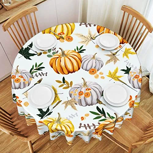 Thanksgiving Pumpkin Round Tablecloth Linen Waterproof Stain Resistant Table Cloth Thicken Table Cover for Kitchen Party Tabletop Decor 57 Inch