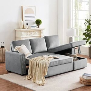 Tmosi Couch with Pull Out Bed, Sleeper Sectional L Shaped Sofa with Storage, with 2 Seats Sofa and Reversible Chaise, for Living Room Furniture Set (Grey Velvet Rivet)