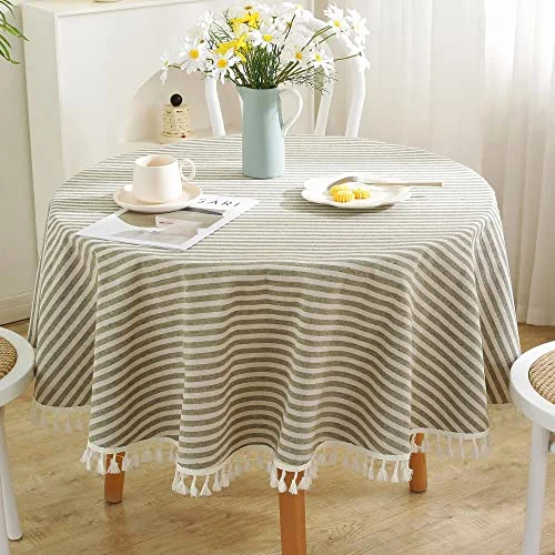 TruDelve Heavy Duty Cotton Linen Table Cloth Stripe Tassel Round Tablecloth Dust-Proof Table Cover for Kitchen Dinning Tabletop Decoration (Round, 60 Inch, Green)