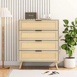 UEV Rattan Dresser,Dresser for Bedroom with 4 Drawers,Modern Wood Drawer Dresser, Chests of Drawers with Black Metal Handles