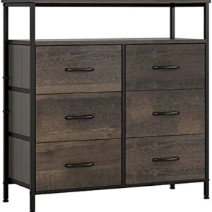 URKNO 6 Drawer Dresser, Fabric Chest of Drawers with 2 Tier Wood Shelves, Industrial Storage Dresser Tall Nightstand for Closets, Living Room, Bedroom, Hallway, Dark Brown